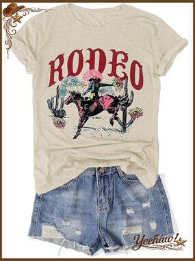 Western Rodeo Cowgirl Graphic Tee Short Sleeve T-Shirt Cotton Blend Casual